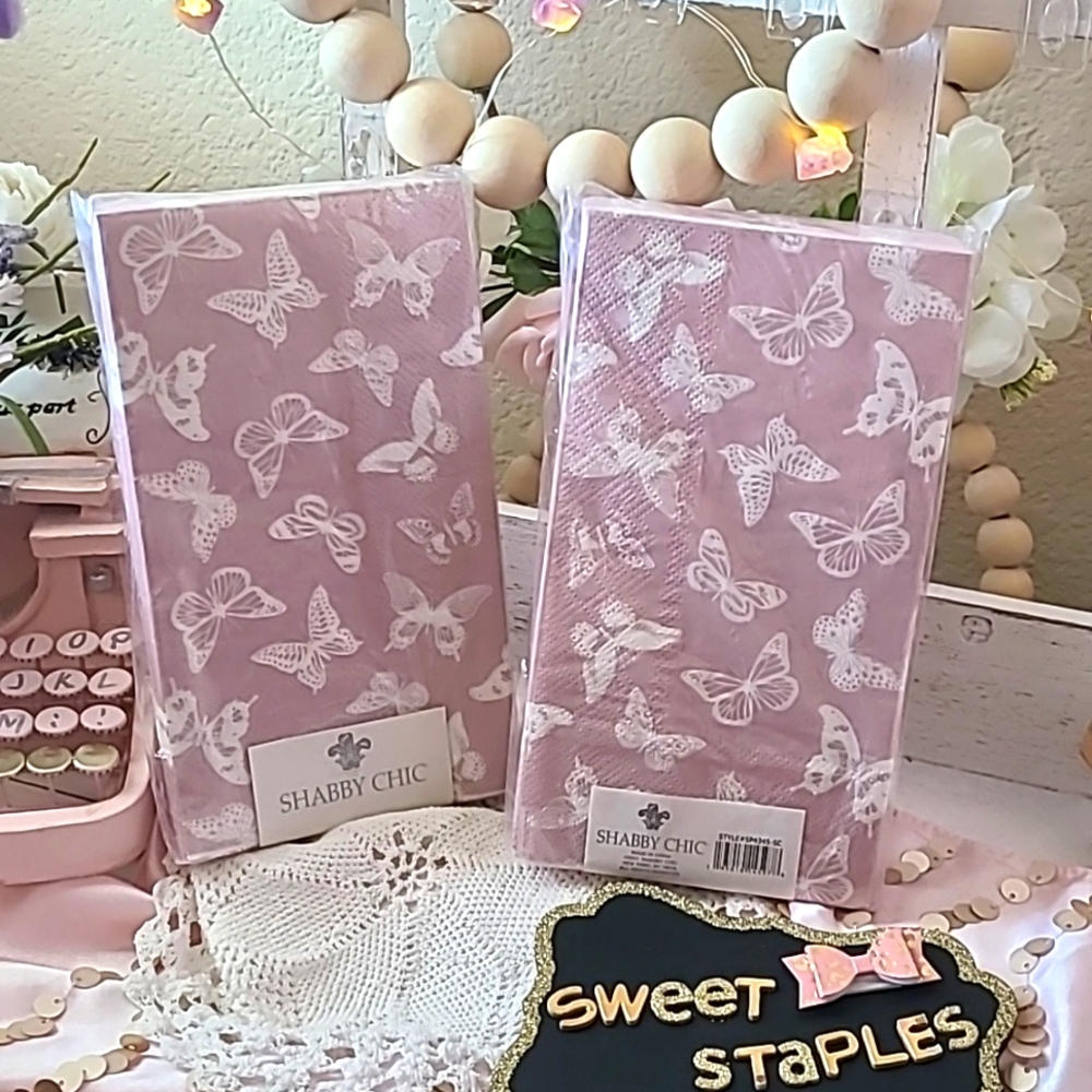 🦋 Shabby Chic Rachel Ashwell Pink Butterfly Botanical Guest Napkins NEW